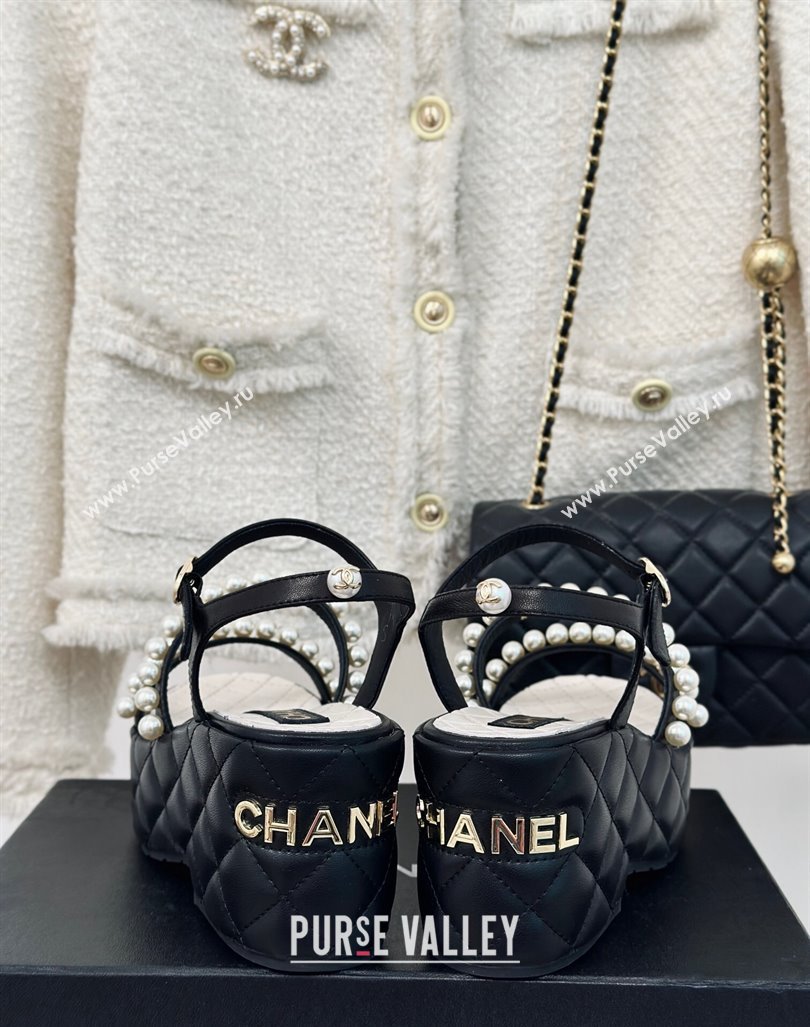 Chanel Quilted Lambskin Pearls Wedge Platform Sandals 7cm Black 2024 0223 (MD-240223089)