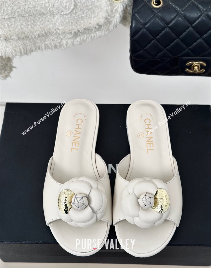 Chanel Camellia Bloom Calfskin Flat Slide Sandals 1.5cm White 2024 0224 (MD-240224009)