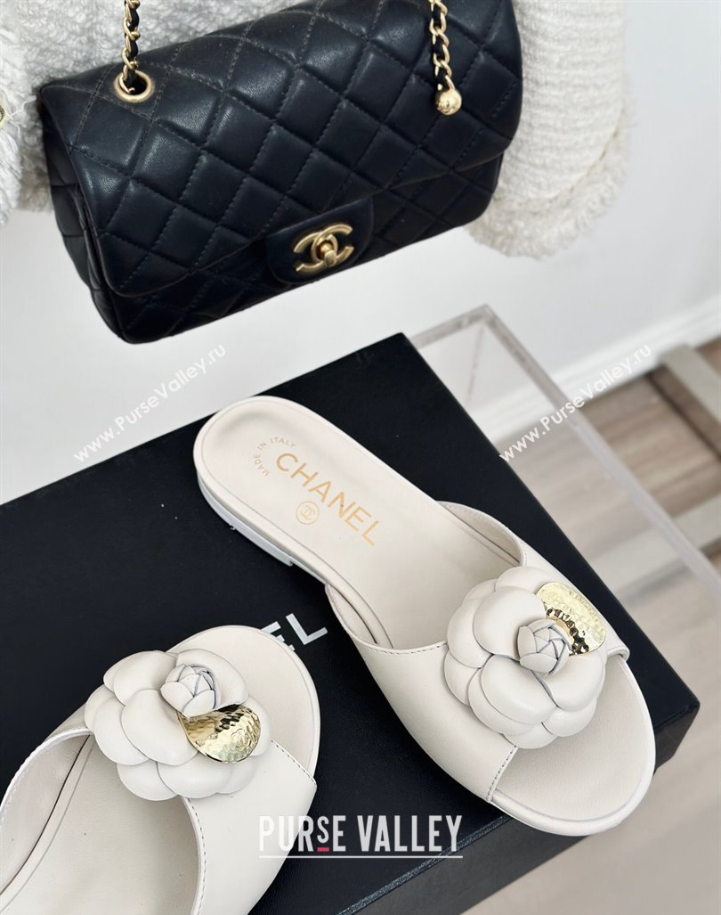 Chanel Camellia Bloom Calfskin Flat Slide Sandals 1.5cm White 2024 0224 (MD-240224009)