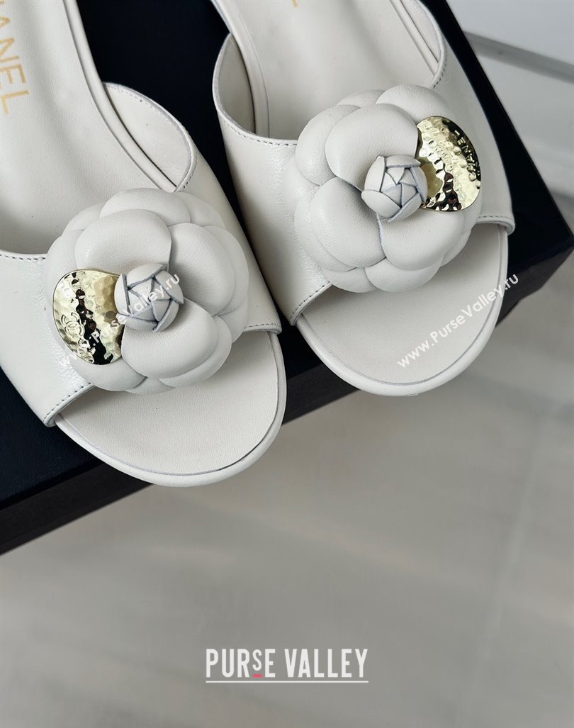 Chanel Camellia Bloom Calfskin Flat Slide Sandals 1.5cm White 2024 0224 (MD-240224009)