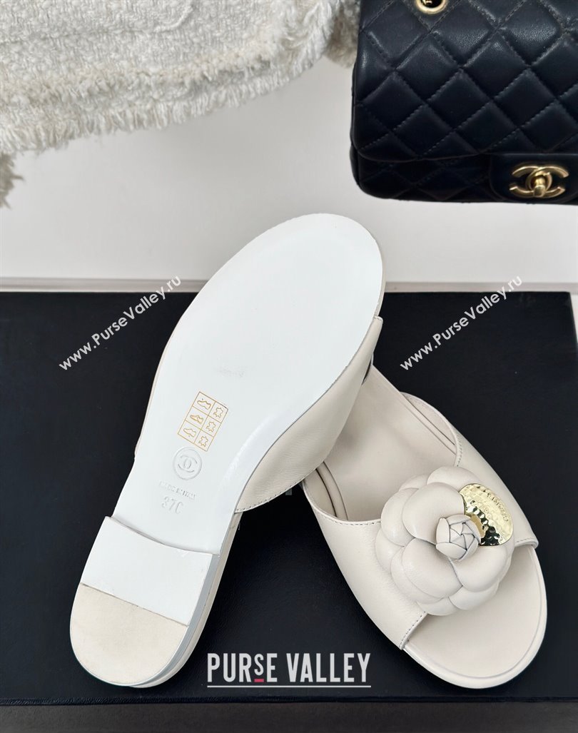 Chanel Camellia Bloom Calfskin Flat Slide Sandals 1.5cm White 2024 0224 (MD-240224009)