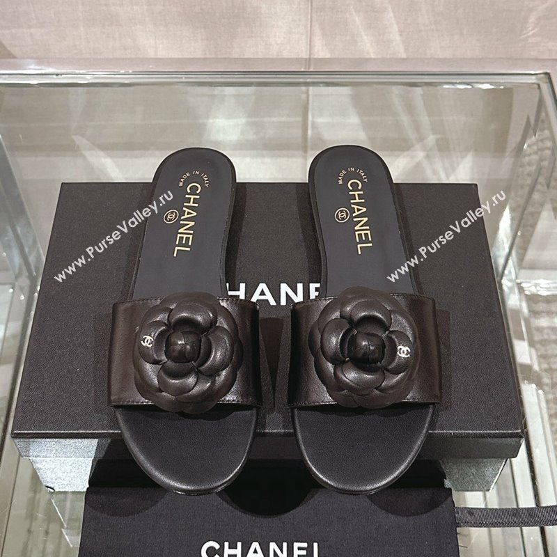 Chanel Camellia Bloom Lambskin Flat Slide Sandals 1cm G45499 Black 2024 0224 (MD-240224010)