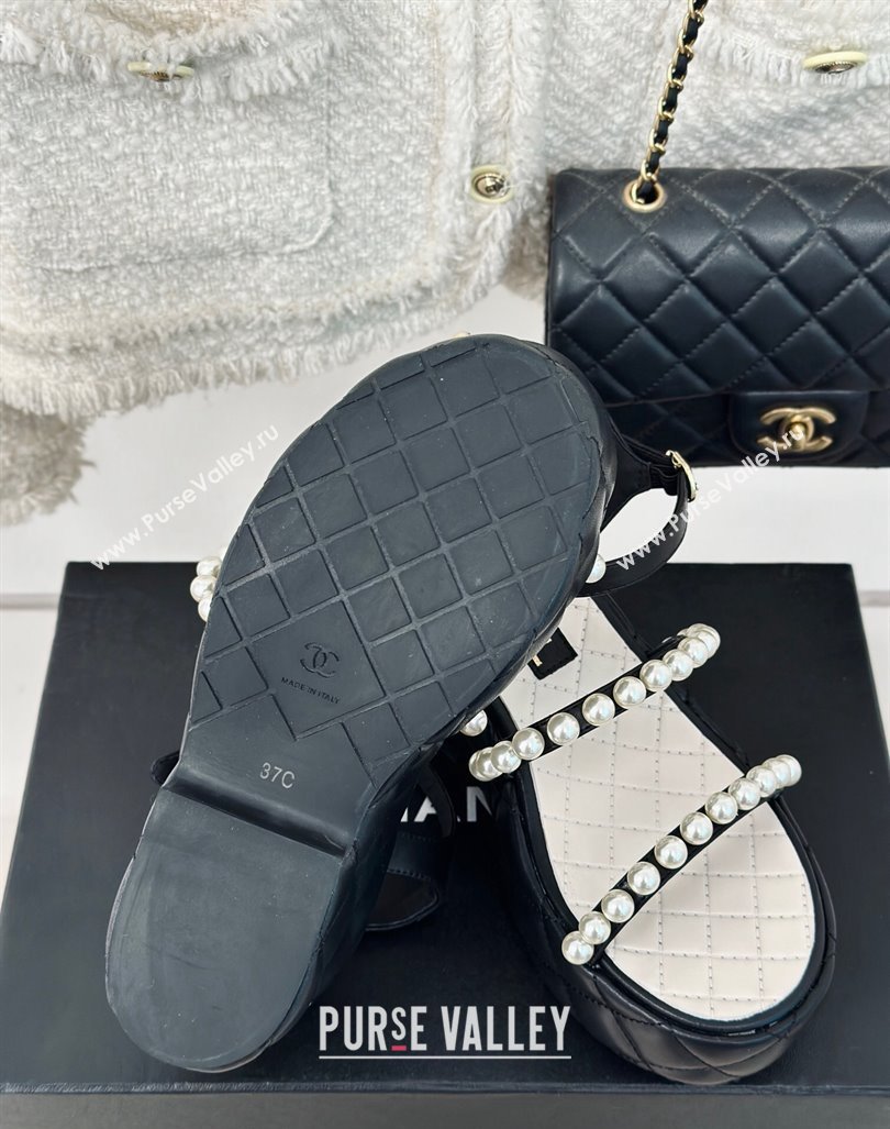 Chanel Quilted Lambskin Pearls Wedge Platform Sandals 7cm Black 2024 0223 (MD-240223089)