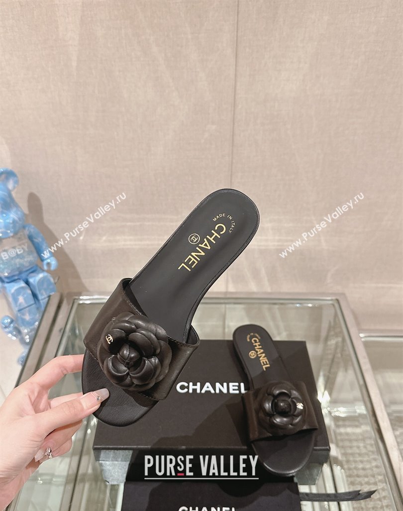 Chanel Camellia Bloom Lambskin Flat Slide Sandals 1cm G45499 Black 2024 0224 (MD-240224010)