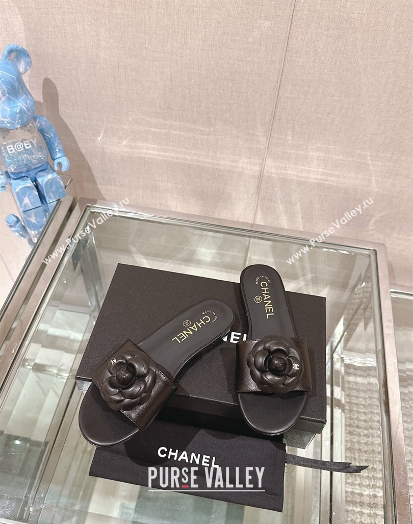 Chanel Camellia Bloom Lambskin Flat Slide Sandals 1cm G45499 Black 2024 0224 (MD-240224010)