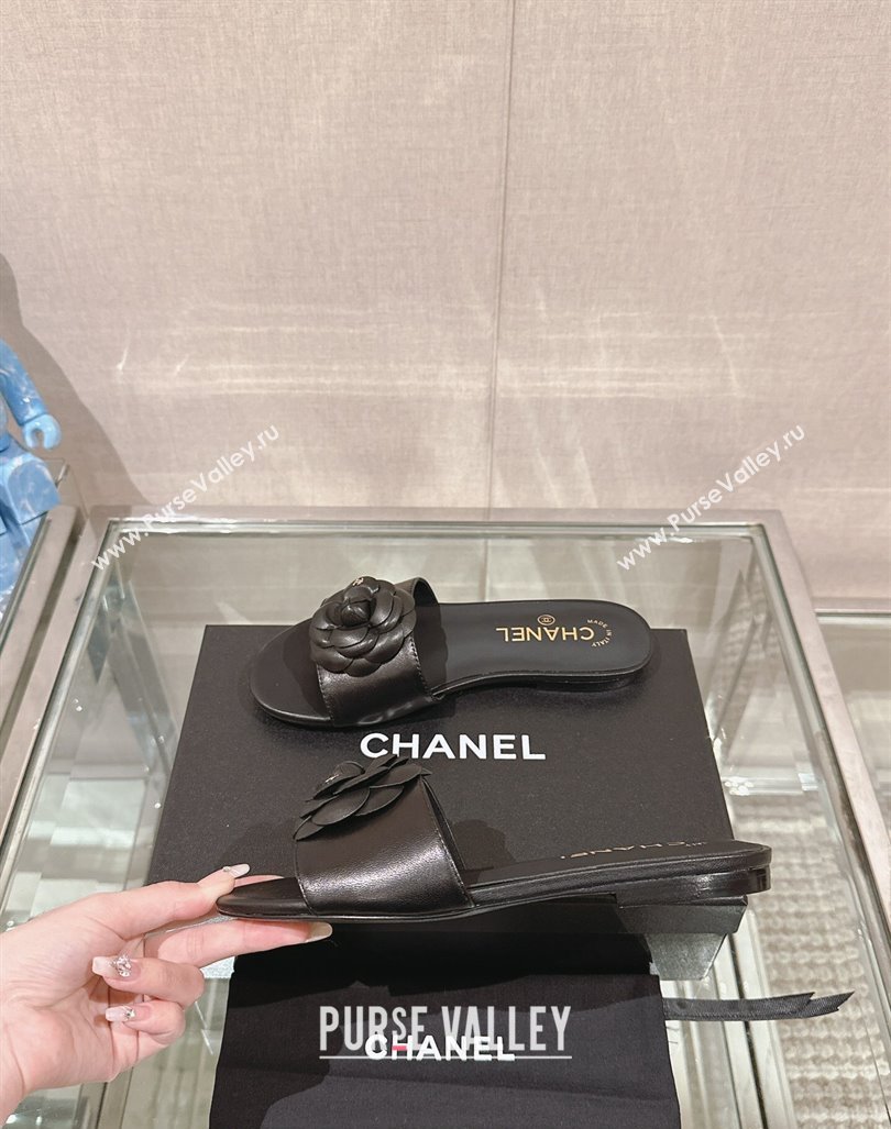 Chanel Camellia Bloom Lambskin Flat Slide Sandals 1cm G45499 Black 2024 0224 (MD-240224010)