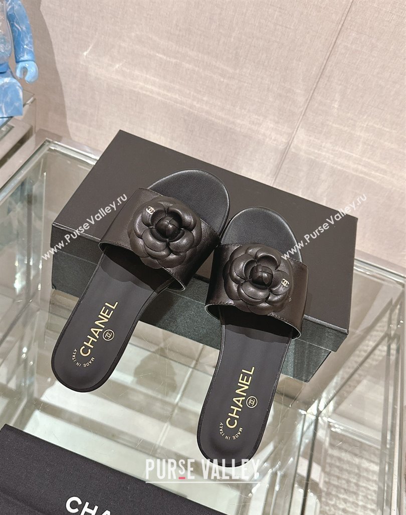 Chanel Camellia Bloom Lambskin Flat Slide Sandals 1cm G45499 Black 2024 0224 (MD-240224010)