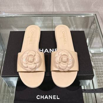 Chanel Camellia Bloom Lambskin Flat Slide Sandals 1cm G45499 Beige 2024 0224 (MD-240224012)