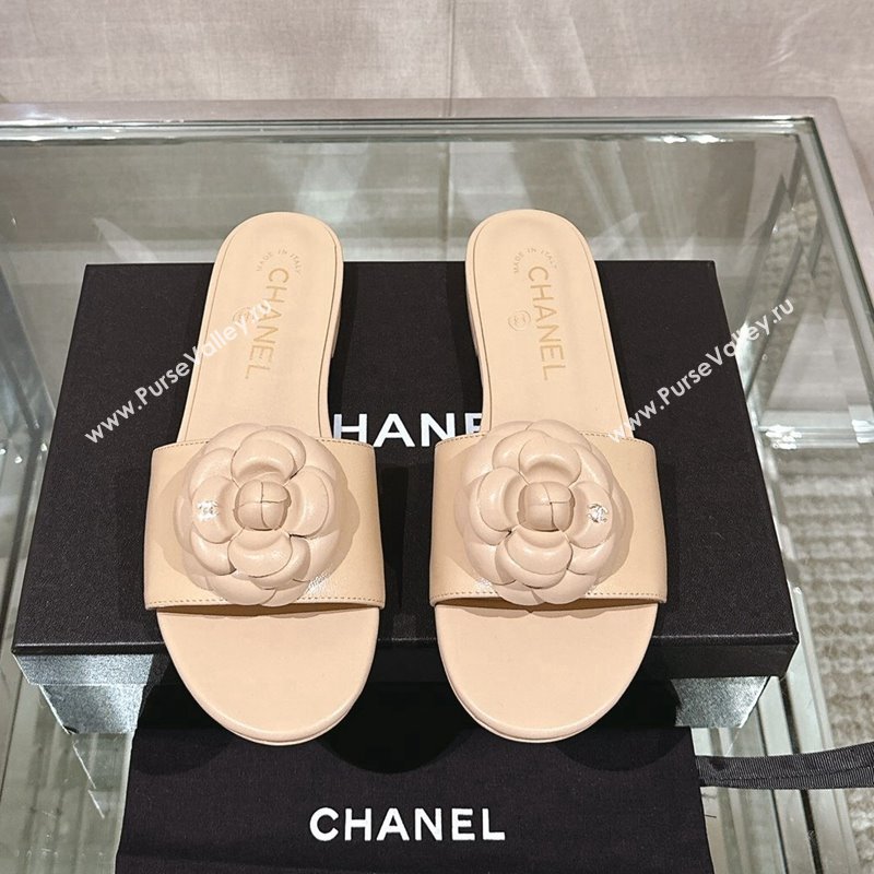 Chanel Camellia Bloom Lambskin Flat Slide Sandals 1cm G45499 Beige 2024 0224 (MD-240224012)