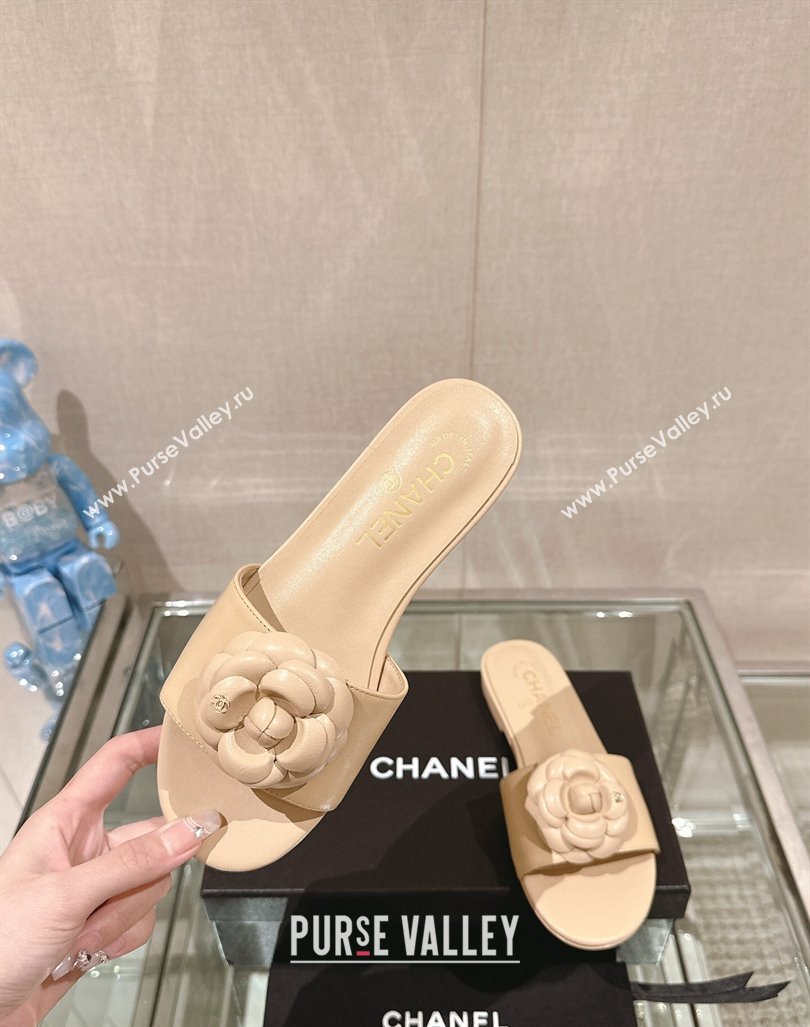 Chanel Camellia Bloom Lambskin Flat Slide Sandals 1cm G45499 Beige 2024 0224 (MD-240224012)