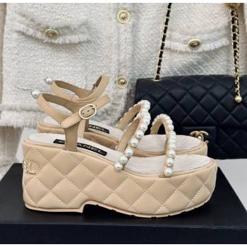 Chanel Quilted Lambskin Pearls Wedge Platform Sandals 7cm Beige 2024 0223 (MD-240223090)