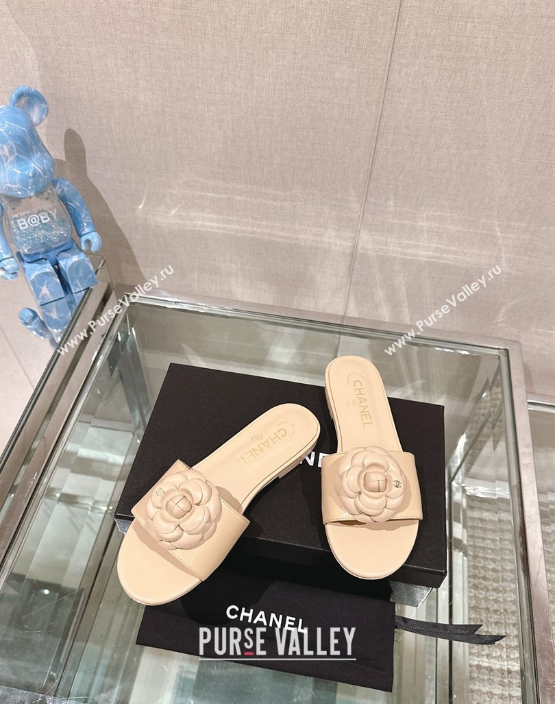 Chanel Camellia Bloom Lambskin Flat Slide Sandals 1cm G45499 Beige 2024 0224 (MD-240224012)