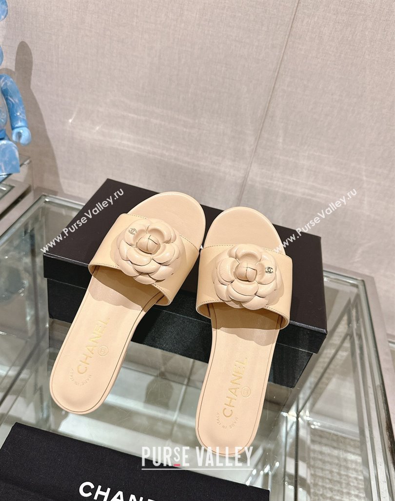 Chanel Camellia Bloom Lambskin Flat Slide Sandals 1cm G45499 Beige 2024 0224 (MD-240224012)