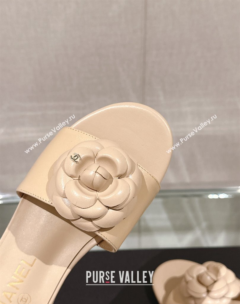 Chanel Camellia Bloom Lambskin Flat Slide Sandals 1cm G45499 Beige 2024 0224 (MD-240224012)