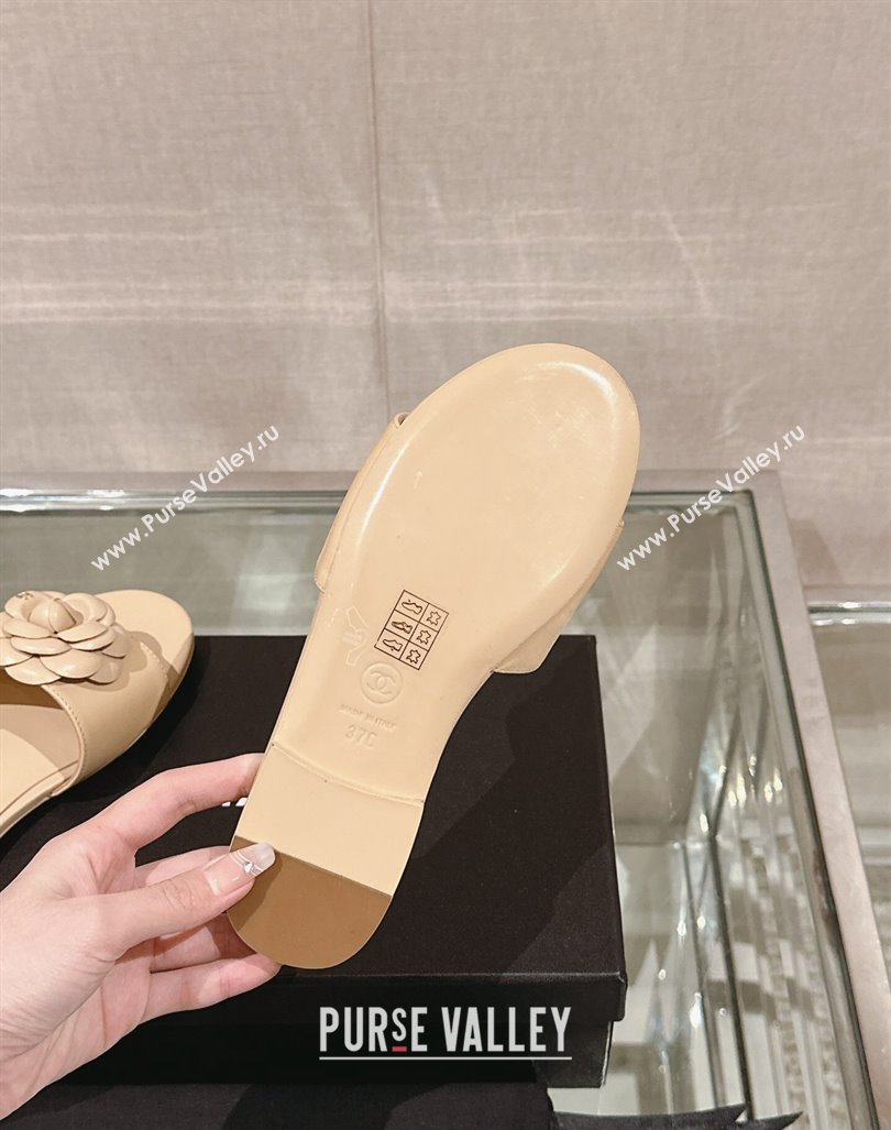 Chanel Camellia Bloom Lambskin Flat Slide Sandals 1cm G45499 Beige 2024 0224 (MD-240224012)