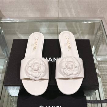 Chanel Camellia Bloom Lambskin Flat Slide Sandals 1cm G45499 White 2024 0224 (MD-240224013)