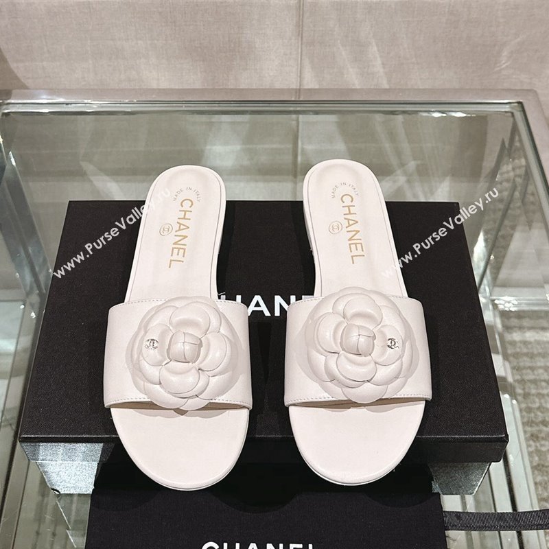 Chanel Camellia Bloom Lambskin Flat Slide Sandals 1cm G45499 White 2024 0224 (MD-240224013)