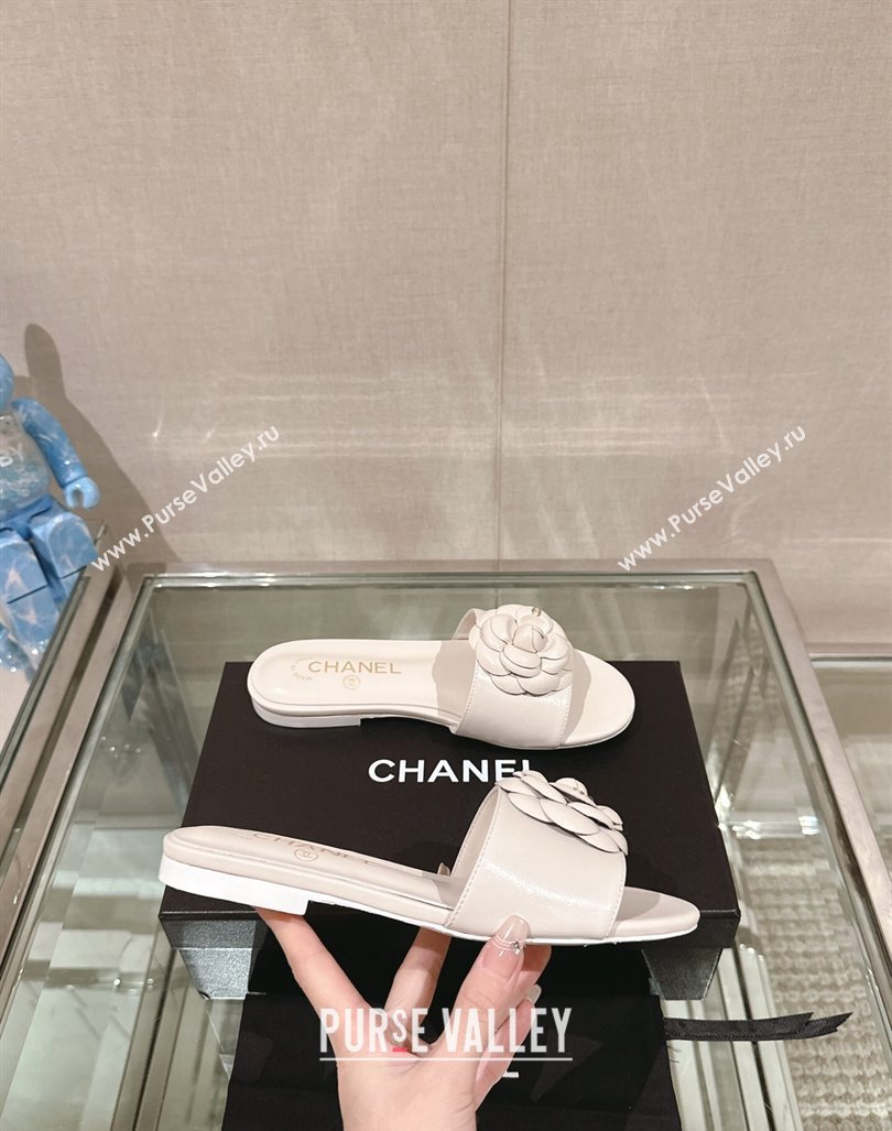 Chanel Camellia Bloom Lambskin Flat Slide Sandals 1cm G45499 White 2024 0224 (MD-240224013)