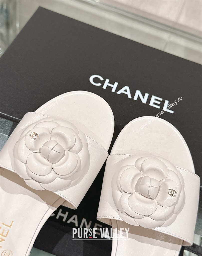 Chanel Camellia Bloom Lambskin Flat Slide Sandals 1cm G45499 White 2024 0224 (MD-240224013)