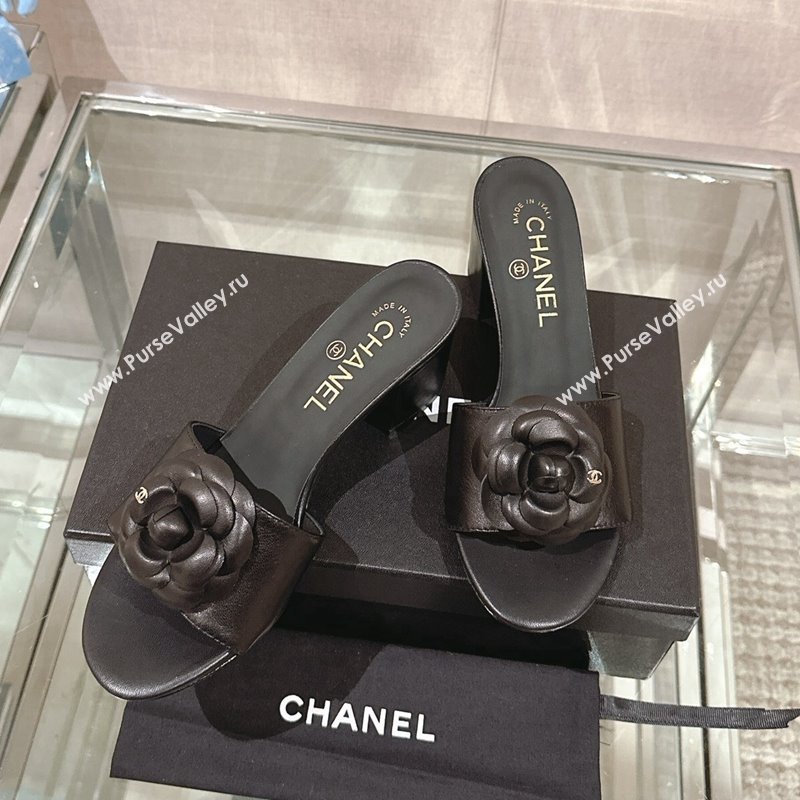 Chanel Camellia Bloom Lambskin Heel Slide Sandals 7cm Black 2024 0224 (MD-240224011)