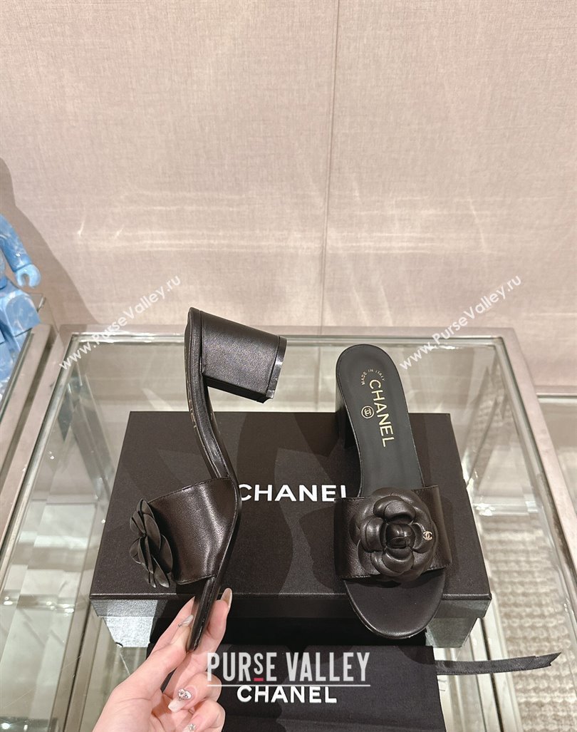 Chanel Camellia Bloom Lambskin Heel Slide Sandals 7cm Black 2024 0224 (MD-240224011)