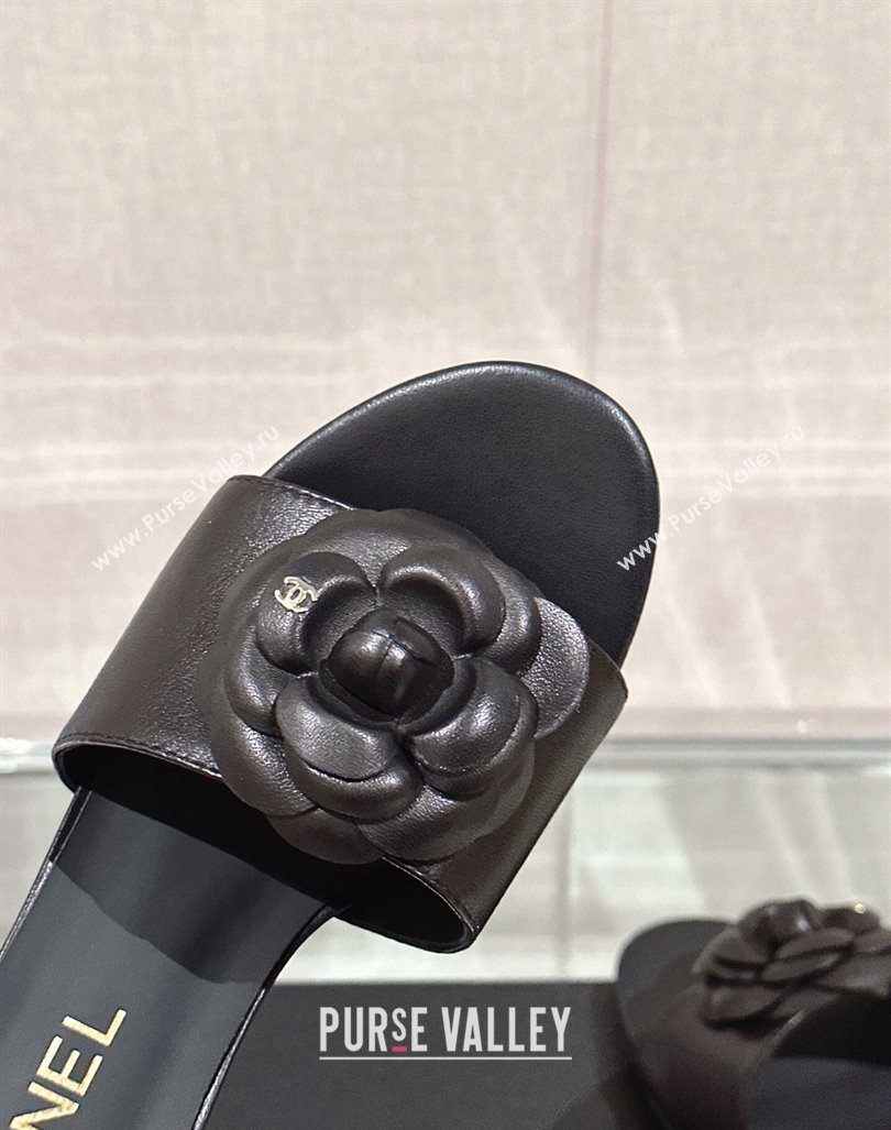 Chanel Camellia Bloom Lambskin Heel Slide Sandals 7cm Black 2024 0224 (MD-240224011)