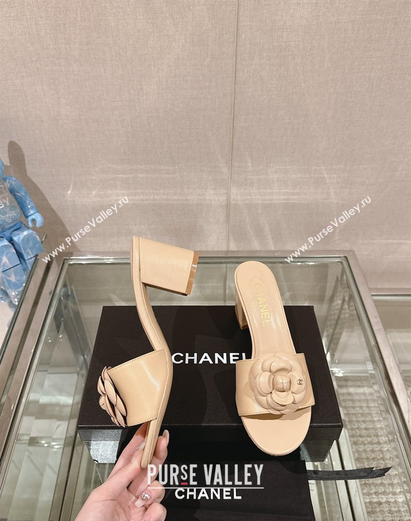 Chanel Camellia Bloom Lambskin Heel Slide Sandals 7cm Beige 2024 0224 (MD-240224014)