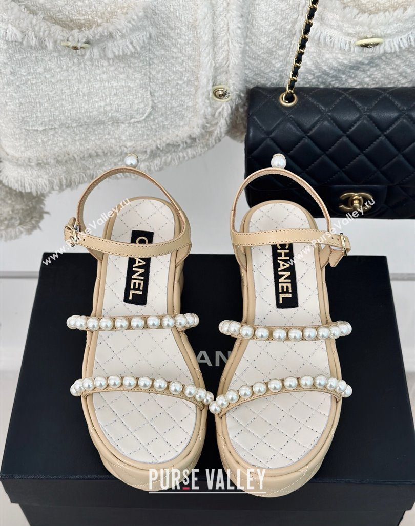 Chanel Quilted Lambskin Pearls Wedge Platform Sandals 7cm Beige 2024 0223 (MD-240223090)