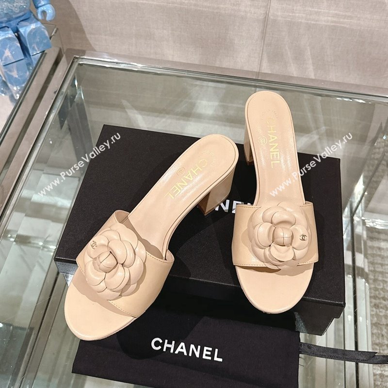 Chanel Camellia Bloom Lambskin Heel Slide Sandals 7cm Beige 2024 0224 (MD-240224014)