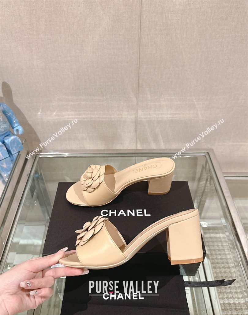 Chanel Camellia Bloom Lambskin Heel Slide Sandals 7cm Beige 2024 0224 (MD-240224014)