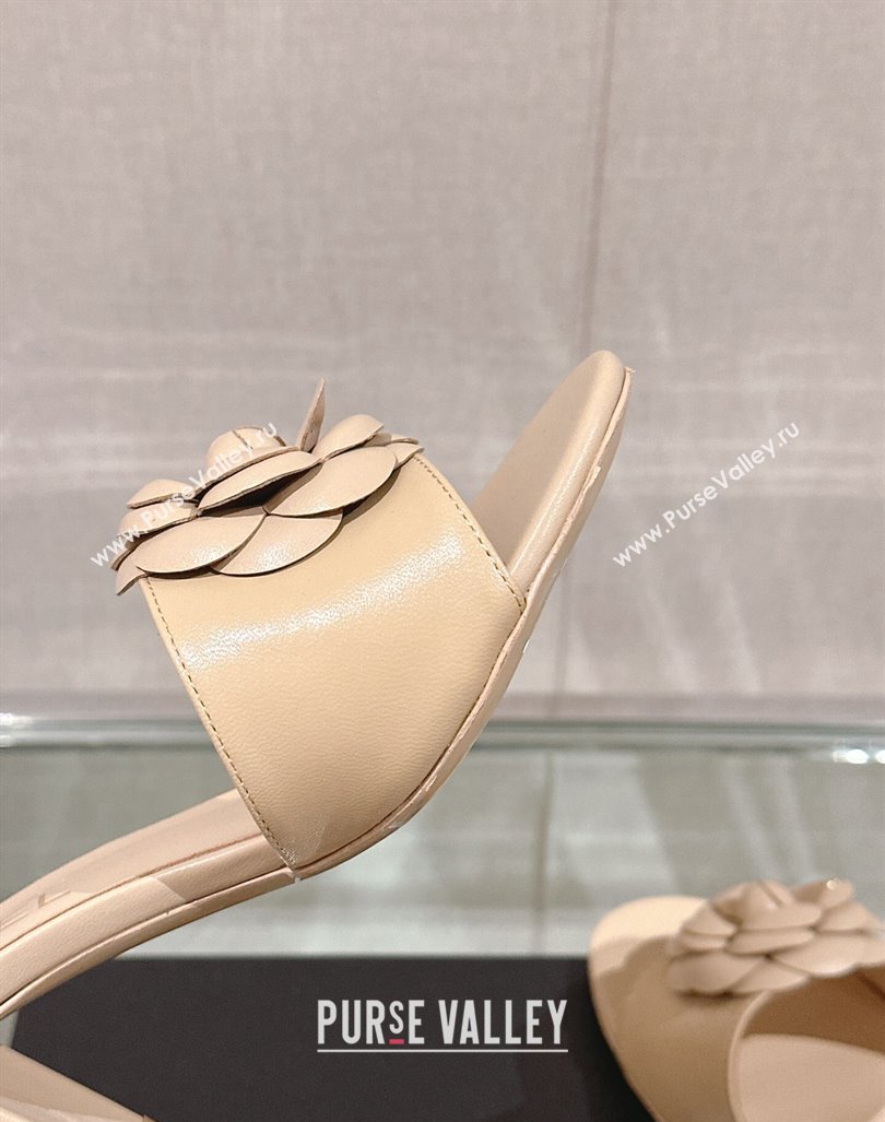 Chanel Camellia Bloom Lambskin Heel Slide Sandals 7cm Beige 2024 0224 (MD-240224014)