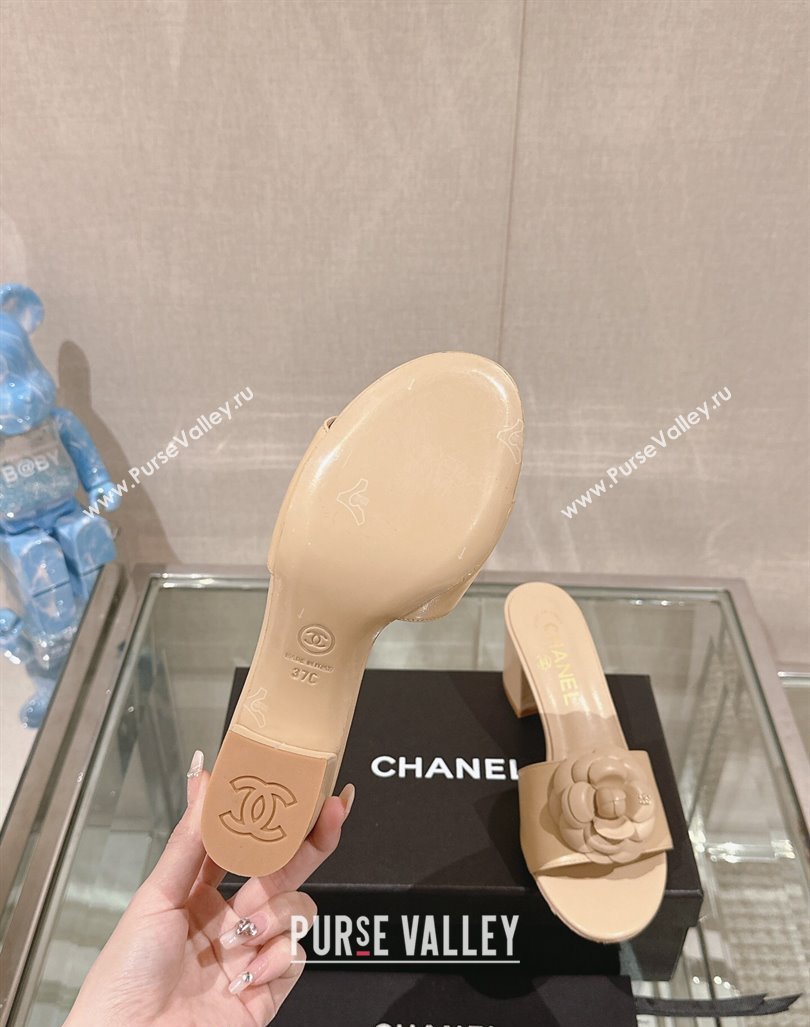 Chanel Camellia Bloom Lambskin Heel Slide Sandals 7cm Beige 2024 0224 (MD-240224014)