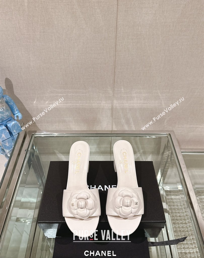 Chanel Camellia Bloom Lambskin Heel Slide Sandals 7cm White 2024 0224 (MD-240224015)