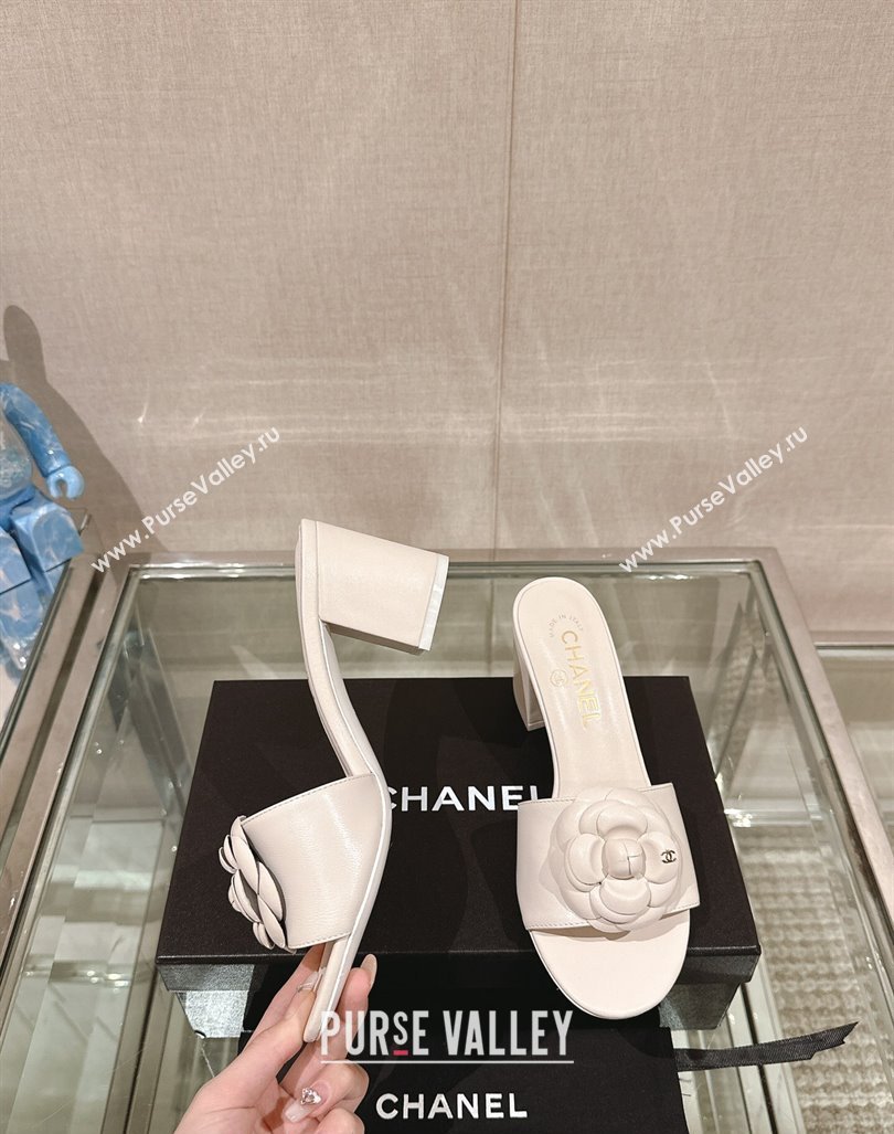 Chanel Camellia Bloom Lambskin Heel Slide Sandals 7cm White 2024 0224 (MD-240224015)