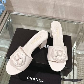 Chanel Camellia Bloom Lambskin Heel Slide Sandals 7cm White 2024 0224 (MD-240224015)