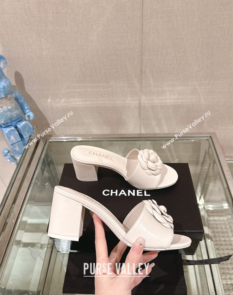 Chanel Camellia Bloom Lambskin Heel Slide Sandals 7cm White 2024 0224 (MD-240224015)