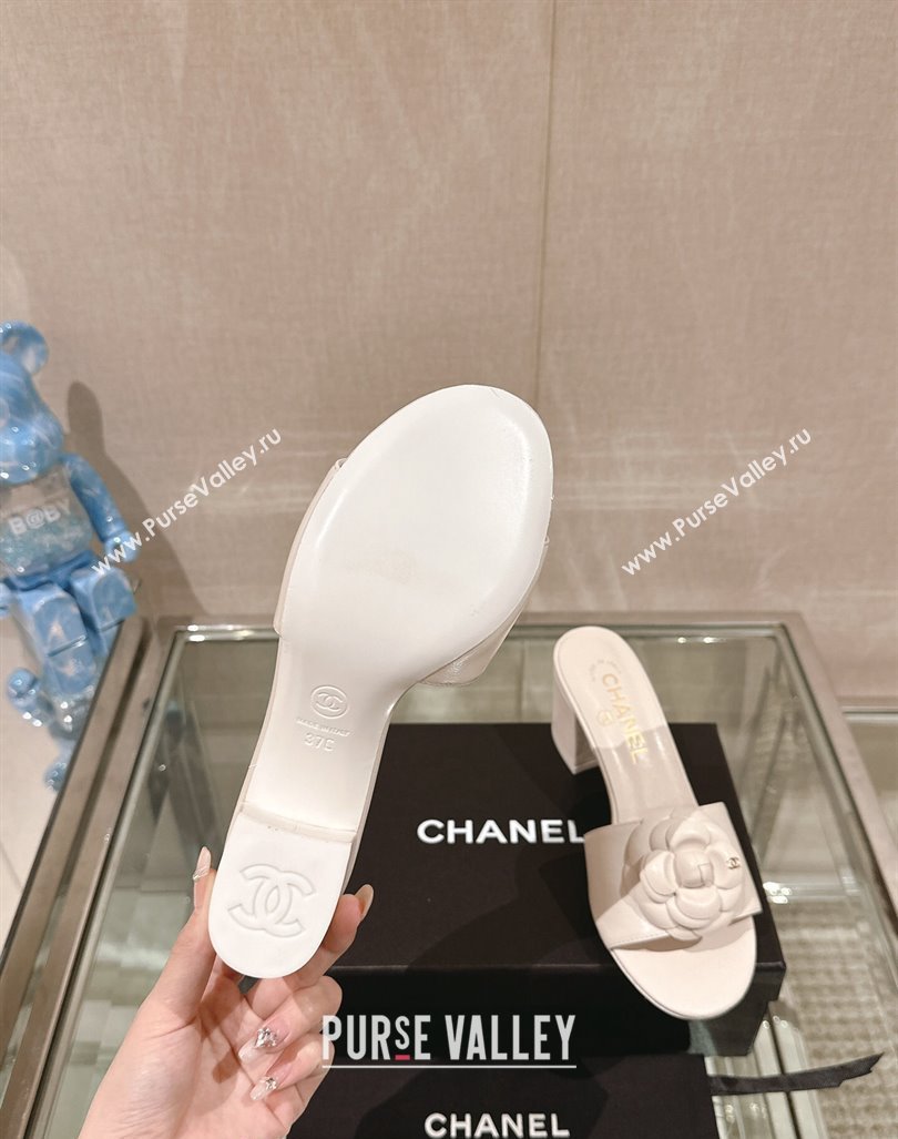 Chanel Camellia Bloom Lambskin Heel Slide Sandals 7cm White 2024 0224 (MD-240224015)