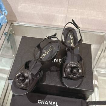 Chanel Camellia Bloom Lambskin Leather Heel Sandals 7cm Black 2024 0224 (MD-240224016)