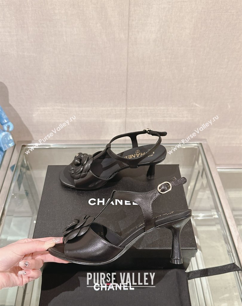 Chanel Camellia Bloom Lambskin Leather Heel Sandals 7cm Black 2024 0224 (MD-240224016)