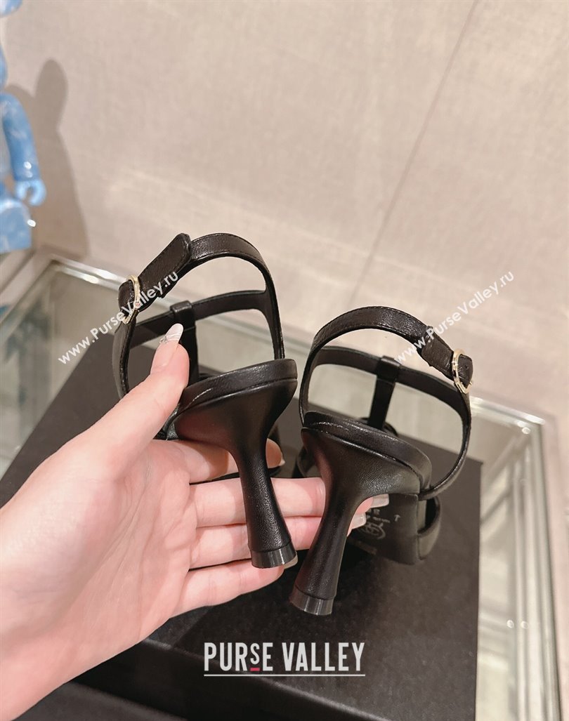 Chanel Camellia Bloom Lambskin Leather Heel Sandals 7cm Black 2024 0224 (MD-240224016)