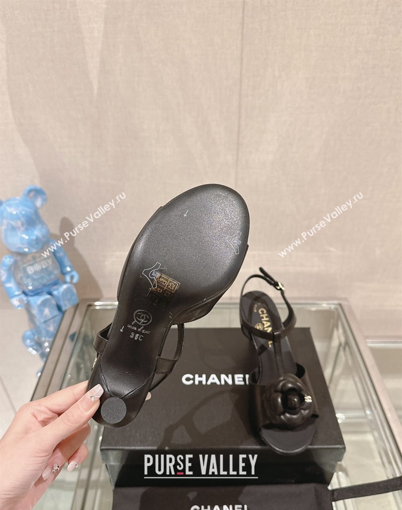 Chanel Camellia Bloom Lambskin Leather Heel Sandals 7cm Black 2024 0224 (MD-240224016)