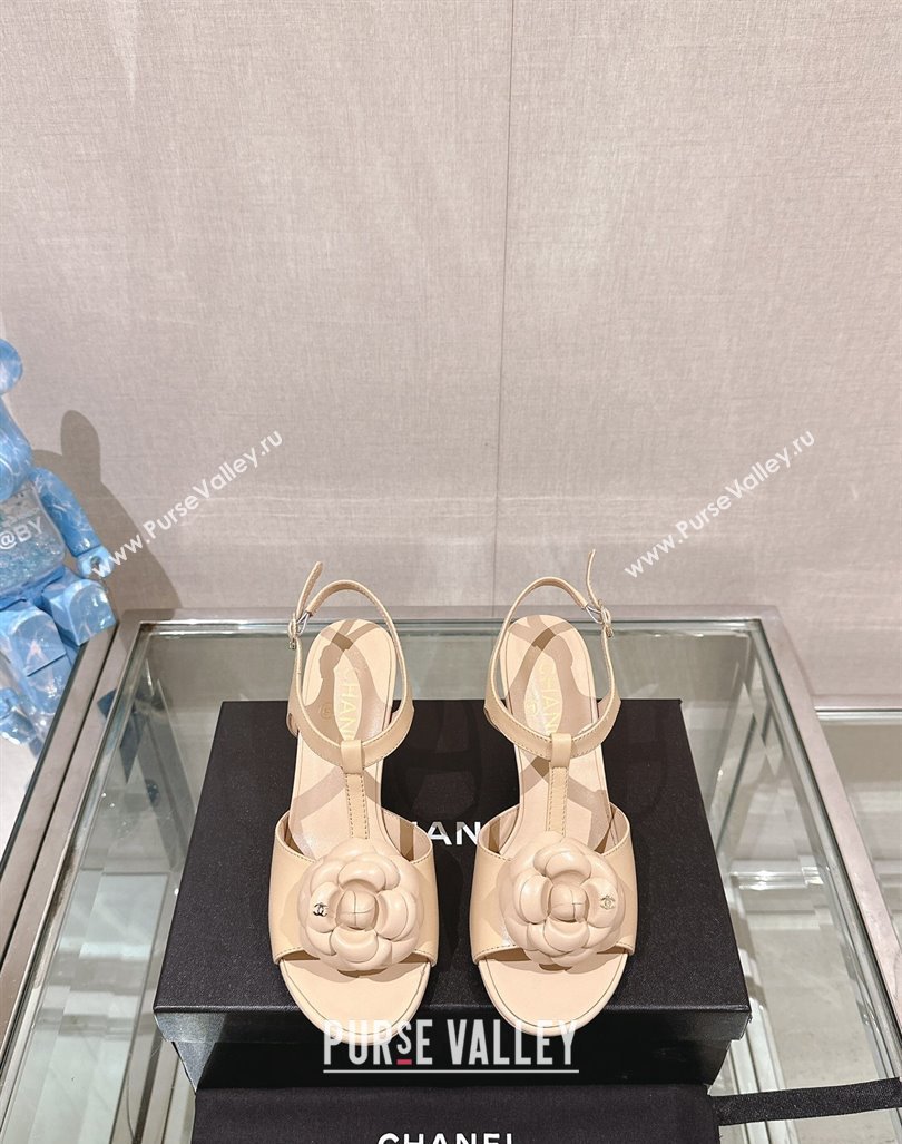 Chanel Camellia Bloom Lambskin Leather Heel Sandals 7cm Beige 2024 0224 (MD-240224017)