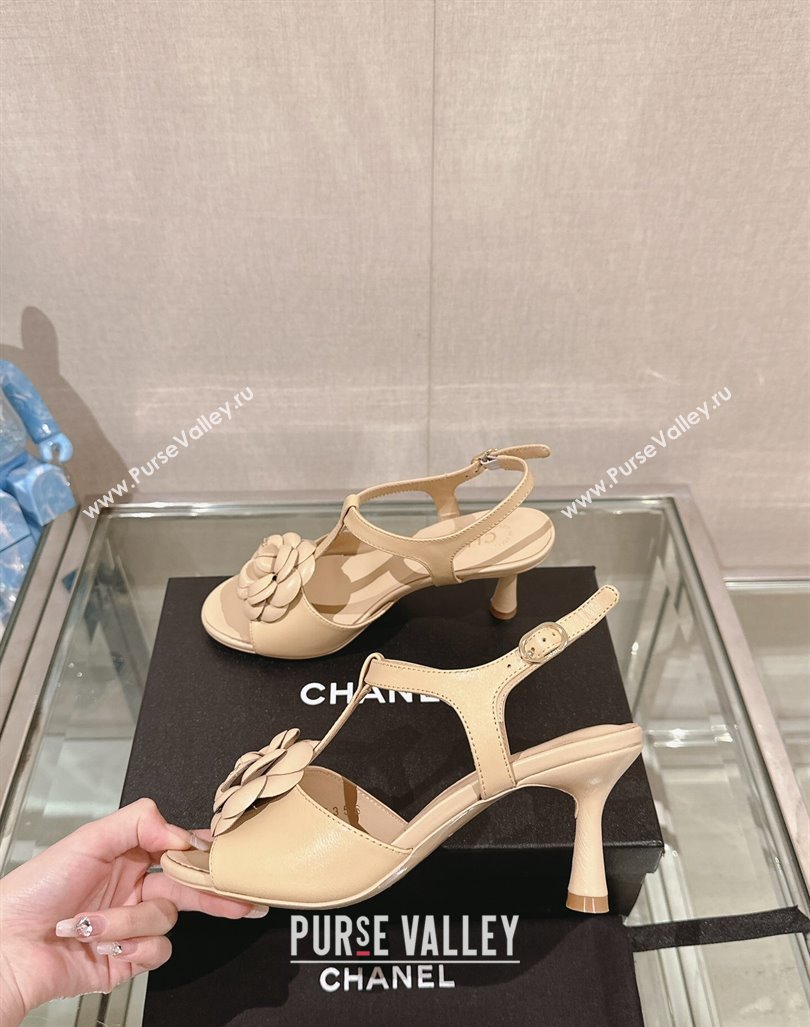 Chanel Camellia Bloom Lambskin Leather Heel Sandals 7cm Beige 2024 0224 (MD-240224017)