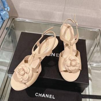 Chanel Camellia Bloom Lambskin Leather Heel Sandals 7cm Beige 2024 0224 (MD-240224017)