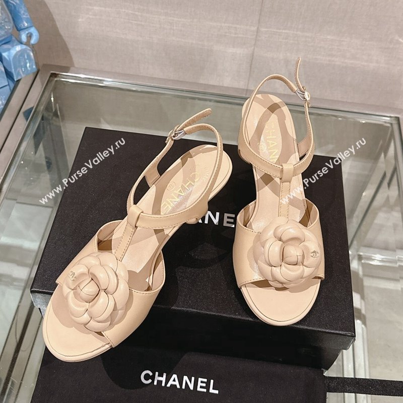 Chanel Camellia Bloom Lambskin Leather Heel Sandals 7cm Beige 2024 0224 (MD-240224017)