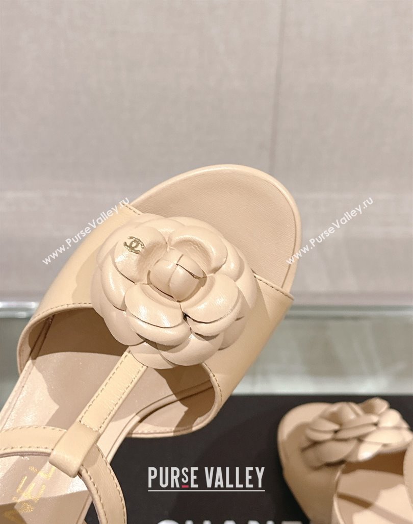 Chanel Camellia Bloom Lambskin Leather Heel Sandals 7cm Beige 2024 0224 (MD-240224017)