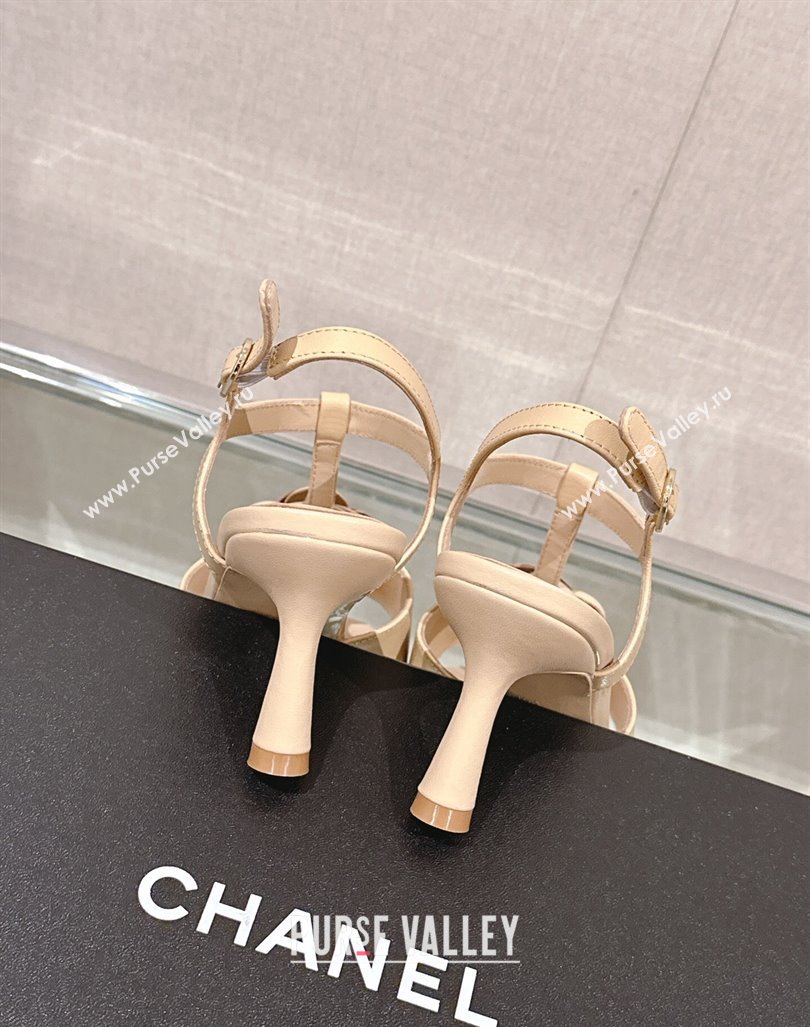 Chanel Camellia Bloom Lambskin Leather Heel Sandals 7cm Beige 2024 0224 (MD-240224017)