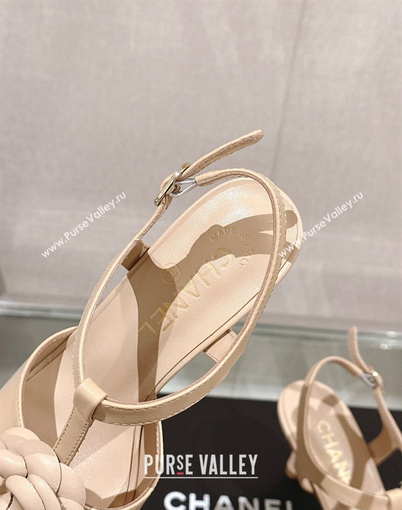 Chanel Camellia Bloom Lambskin Leather Heel Sandals 7cm Beige 2024 0224 (MD-240224017)