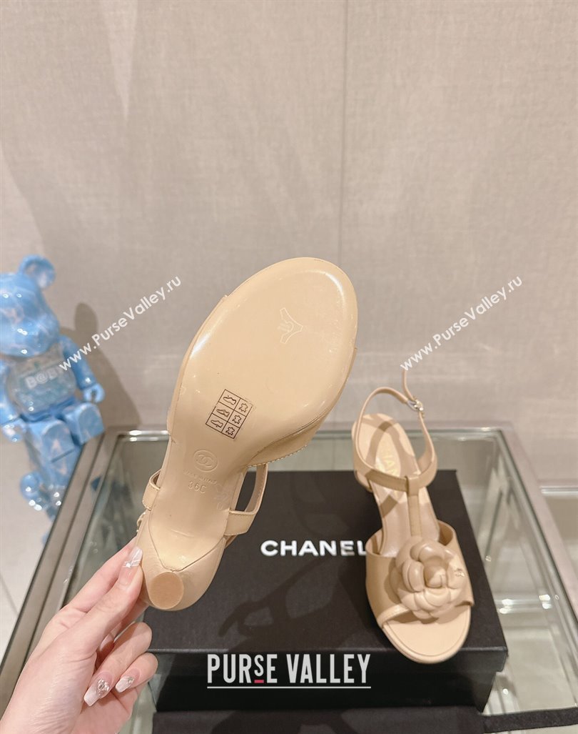 Chanel Camellia Bloom Lambskin Leather Heel Sandals 7cm Beige 2024 0224 (MD-240224017)