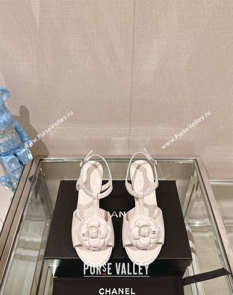 Chanel Camellia Bloom Lambskin Leather Heel Sandals 7cm White 2024 0224 (MD-240224018)